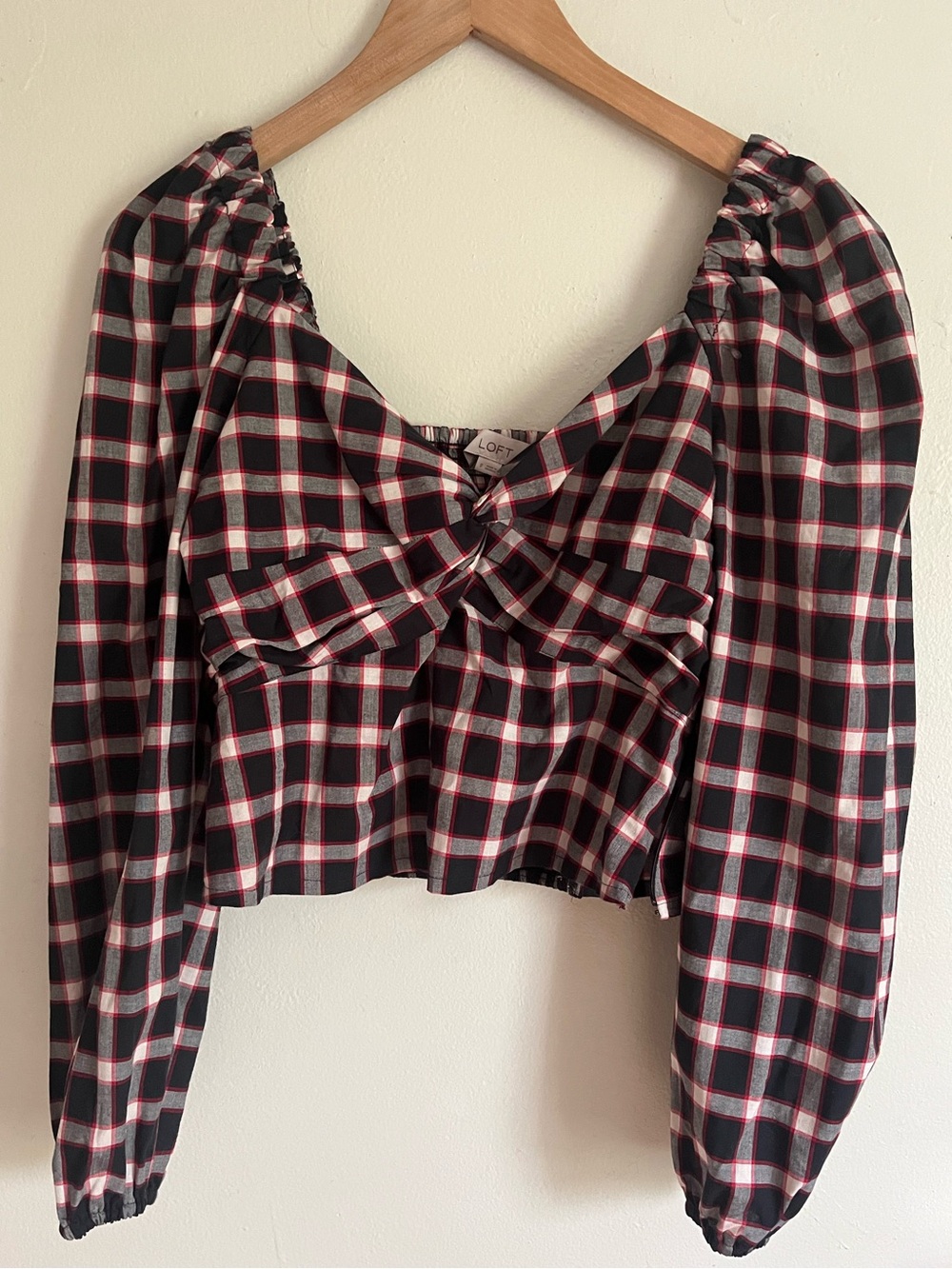 LOFT Black and White Plaid Puff-Sleeve Cropped Blouse with Red Accents